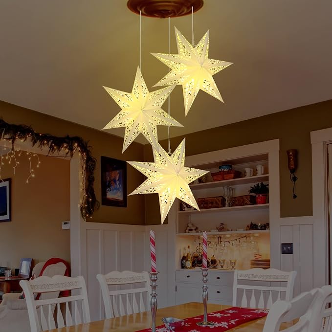 Kingdder 2 Pcs Star Shaped Paper Lanterns Lampshade with LED Light 7 Pointed Moroccan Hollow out Stars Party Decoration for Weddings Christmas Tree Birthday, 20 Inches