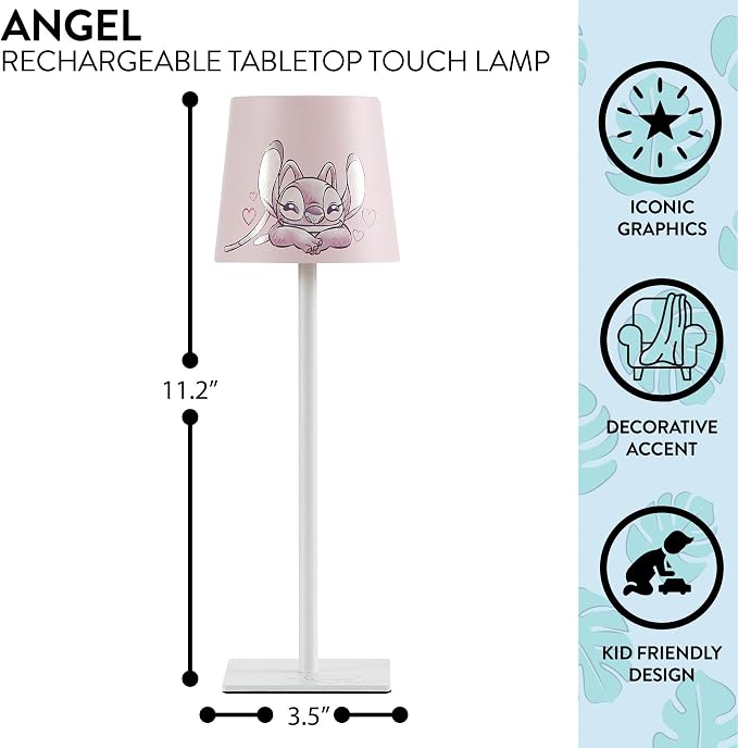 Disney Lilo and Stitch Angel Kids Touch Night Light Lamp, Rechargeable Battery Operated Bedroom Table Lamp with Touch On/Off, Portable LED Desk Light with Charging Cord for Nursery & Children’s Room