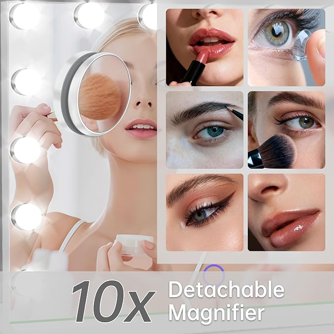 Hollywood Vanity Mirror with Lights, 23" x 18" Lighted Makeup Mirror with 15 Led Bulbs, 3 Color Lights, 10x Magnification, Desk/Wall Mounted, Bedroom College Dorm Room Essentials
