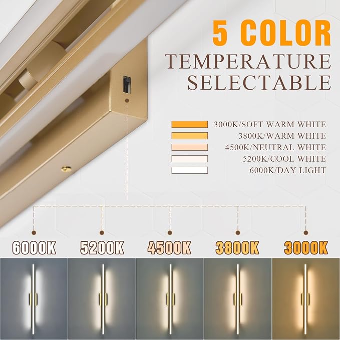 VitaLink 48" Gold LED Bathroom Light Fixtures Long Vanity Lights Over Mirror Lighting Lamps Wall Mount Lighting Over Vanity Picture Indoor 5CCT(3000K/3800K/4500K/5200K/6000K)