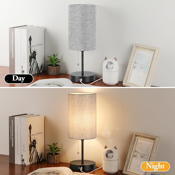 Modern Table Lamps Set of 2, Grey Fabric Shade and Black Metal Base for Living Room Bedroom Office Reading Dorm Hotel