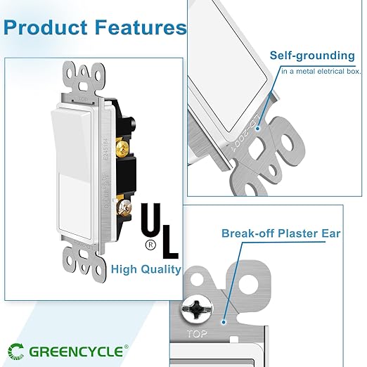 GreenCycle Single Pole Switch White,24 Pack SP Rocker Light Switch 15A 120/277V, On/Off Rocker Paddle Interrupter, Residential/Commercial Grade,Home & Office,UL/CUL, White