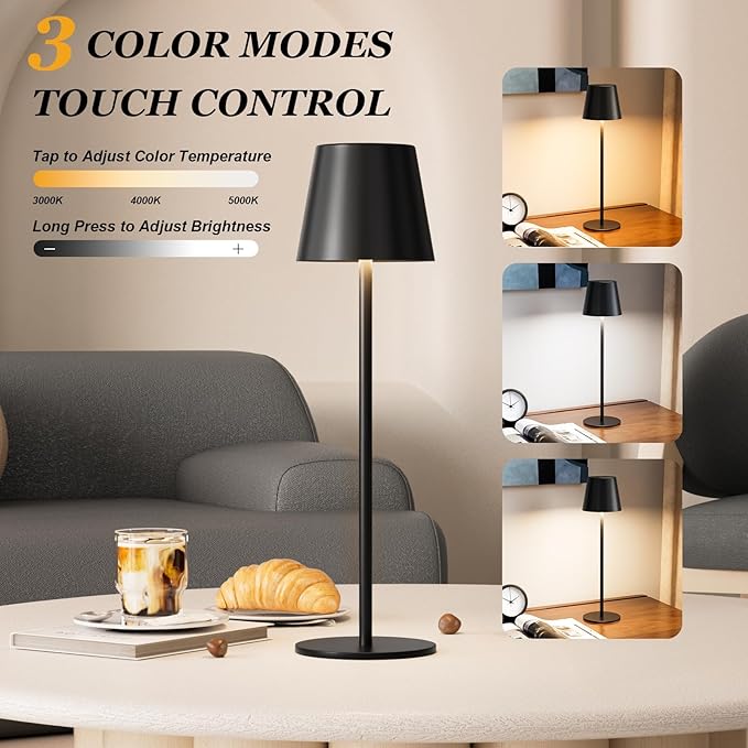 Kakanuo 20" Black Cordless Table Lamp Rechargeable - 2 Pack 5000mAH Battery Operated Lamp for Counter, 3 Color Stepless Dimming Wireless Lamp for Dining Table, Touch Control