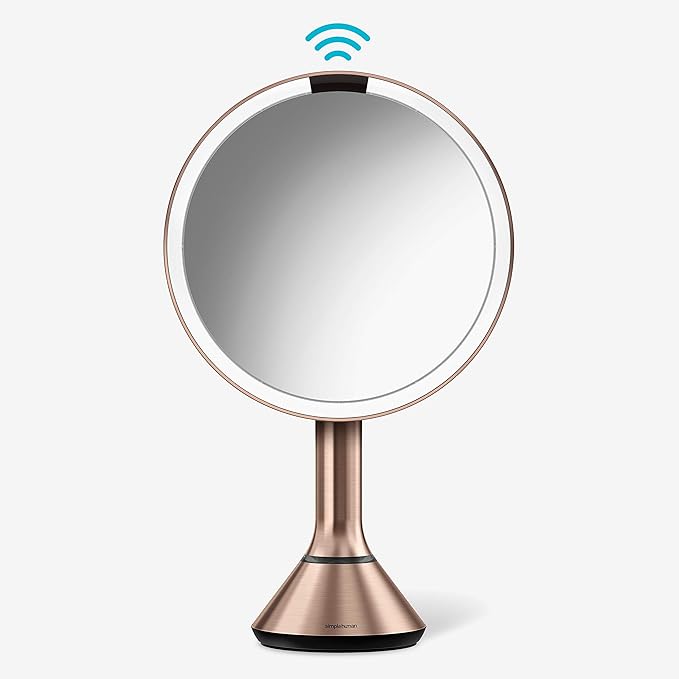 simplehuman Sensor Mirror, Lighted Makeup Mirror with Magnification (5X), 8" Round Magnifying Vanity Mirror with Lights, Cordless, Rose Gold Stainless Steel