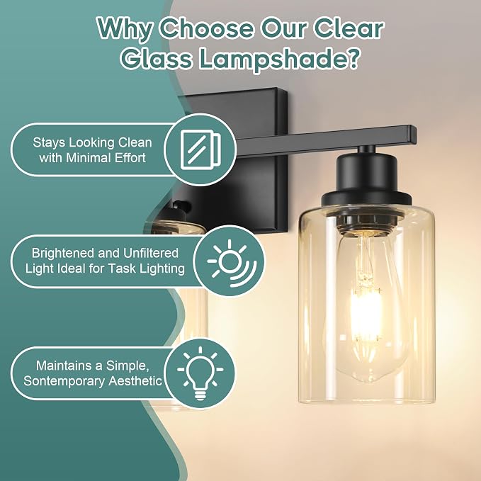Ascher Bathroom Light Fixtures, 3-Light Vanity Light Over Mirror, Matte Black Wall Sconces with Clear Glass Shades, Wall Lamp for Living Room Bedroom, E26 Base(Bulbs Not Included)