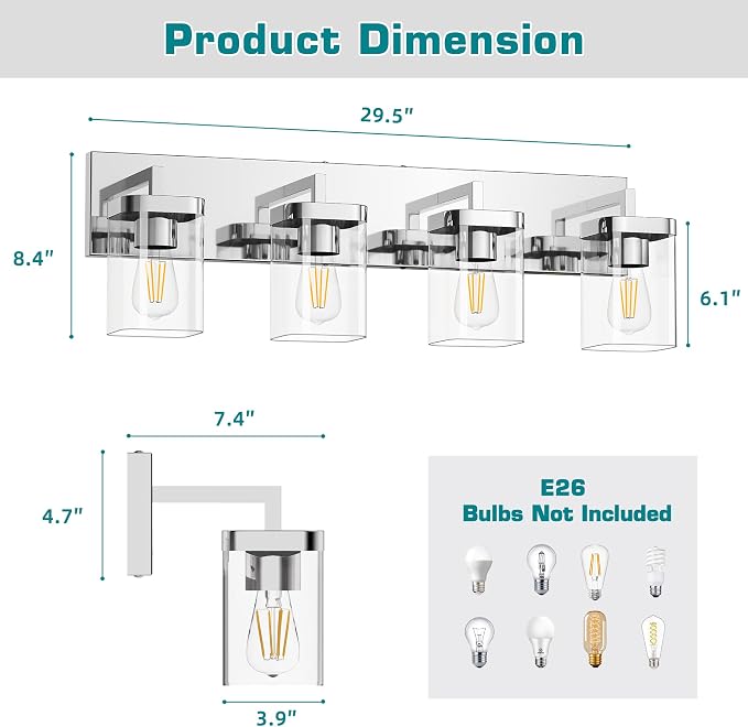 Chrome Bathroom Vanity Light, Square Design 4 Lights Morden Vanity Lighting Fixtures Over Mirror, Bathroom Vanity Light Fixtures for Living Room/Bedroom