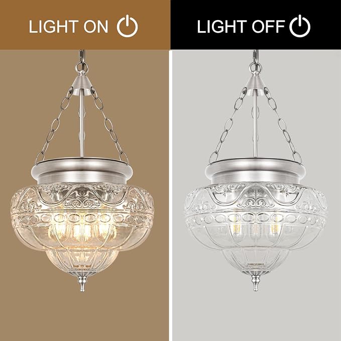 3-Light Brushed Nickel Pendant Light Fixtures with 12In Unique Thickened Glass, Vintage Pendant Lights Kitchen Island with Adjustable Chain, Hanging Light Fixtures for Entryway, E26*3