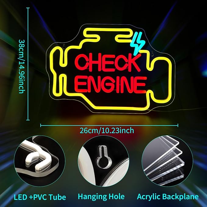 Check Engine Neon Sign, JGHTURIE Man Cave Neon Signs for Wall Decor Garage Car Room Yellow Light Up Sign Auto Repair Workshop Led Signs USB Powered
