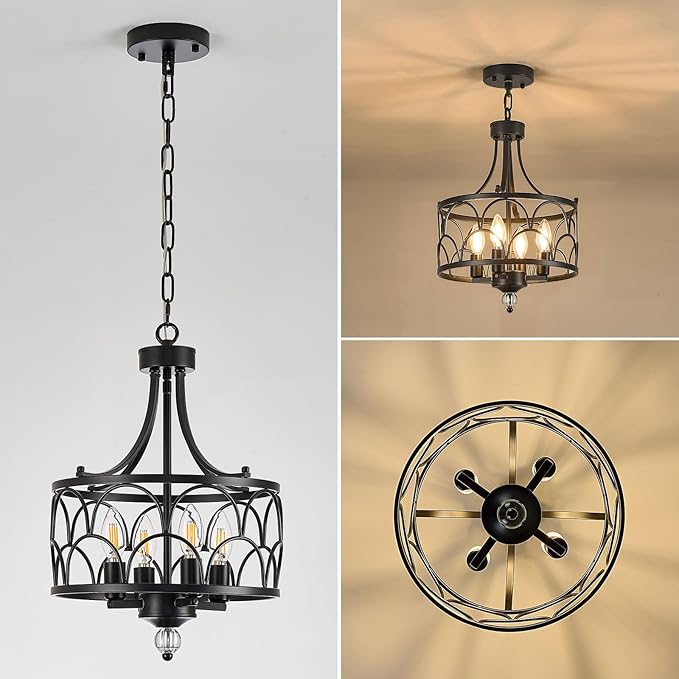 4 Light Chandelier, Black Farmhouse Light Chandelier Fixture, Industrial Adjustable Ceiling Lighting E12 Base for Kitchen Island, Bedroom, Entrance, Dining Room, Indoor