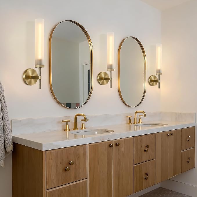 Modern Hardwired Frosted Glass Bathroom Wall Sconces, Handmade Knurled Brass Wall Light Fixture,Modern Vanity Light for Living Room,Hallway, Bedroom, 20" Indoor Wall Lamp, Bulb Included