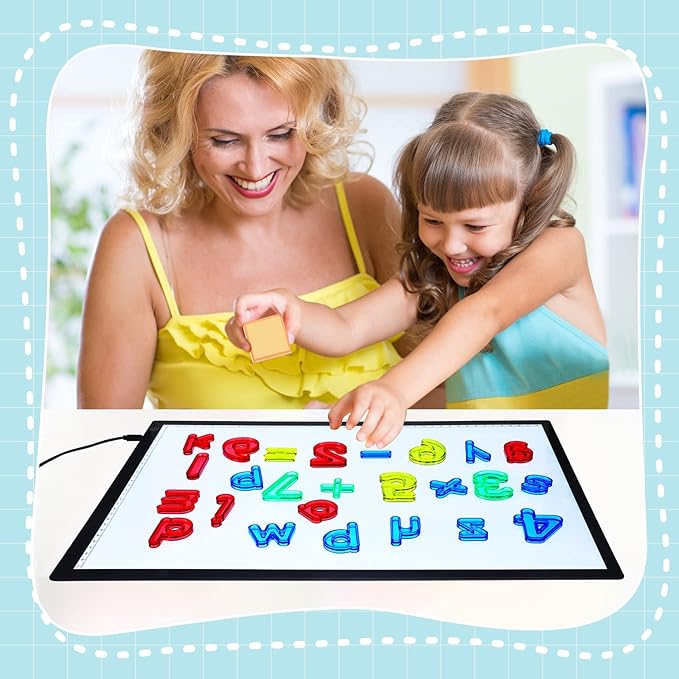 Kanayu Adjustable Brightness LED Light Panel 18" Classroom Light Table with 245 Translucent Pattern Blocks Letters Board Numbers for Sensory Play Creative Exploration Kids Home Learning Counting