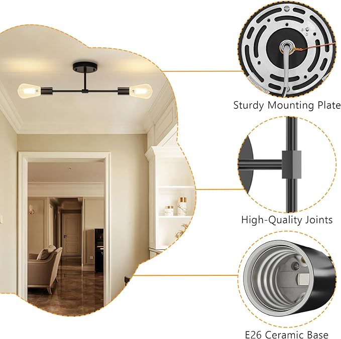 FadimiKoo 2-Light Black Bathroom Light Fixtures, Modern Wall Sconces Lighting Fixtures, Indoor Semi Flush Mount Ceiling Light for Hallway Bedroom Kitchen (2 Pack)