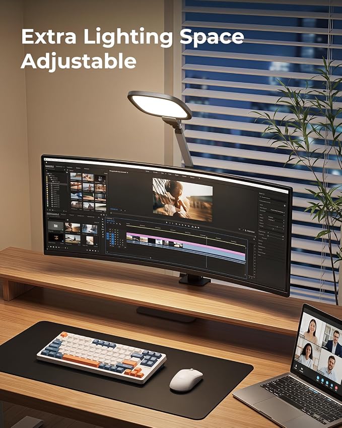 Led Desk Lamp for Office Home Video Reading Swing Arm Task Light | 1200lm Eye-Caring Desk Light for Computer Monitor, Dimmable 5 Color & 5 Brightness, Timer & Memory, Touch & Remote