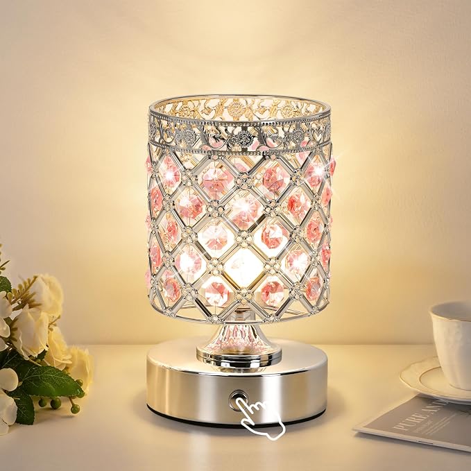 Pink Crystal Rechargeable Cordless Table Lamp, Touch Small Desk Lamp | 6000mAh Battery, 3 Color Temps, Stepless Dimming, USB Charging, Portable Wireless Night Light for Bar Bedroom Living Room