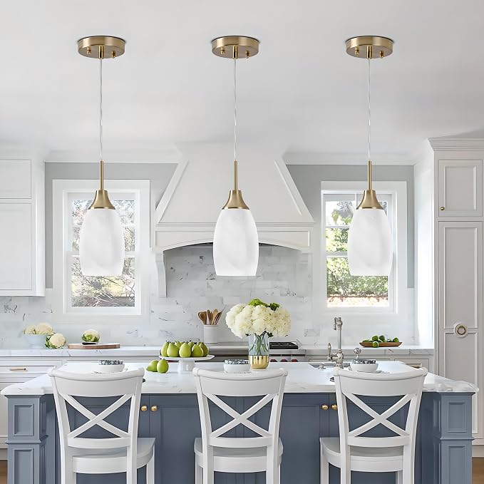 Viinew 4.72" Glass Pendant Light,3-Pack White Oval Glass Hanging Light | Handblown White Swirl Hanging Pendant Lamp Mini Art Glass Chandelier for Kitchen Dining Room Brushed Gold