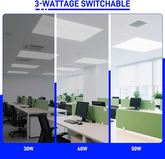hykolity 2x4 LED Flat Panel Light,30W/40W/50W Dimmable,Drop Ceiling 6 Pack | Selectable Watts 0-10V Dimmable 5000K Daylight 5500LM ETL Recessed Light for Office Classroom Garage Replaces 3-Lamp Fixture