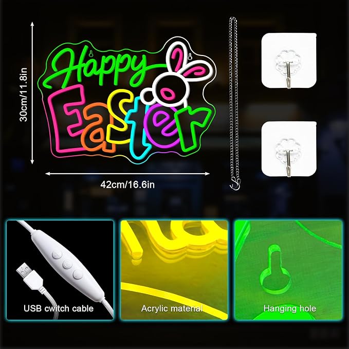 Happy Easter Neon Sign Bunny Neon Light Up Easter Decor Indoor for Home Living Room Windows Spring Decor LED Bunny Sign Rabbit Themed Gifts for Teens Families in Family Games