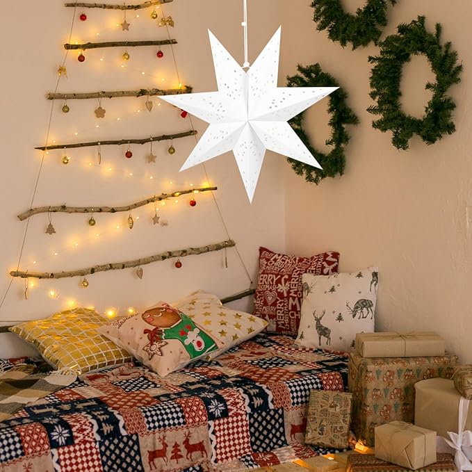 VICASKY Paper Star Lantern - Anti-Tear Reinforced Lamp Shade for Christmas Decoration: Seven-Pointed Hanging Light for Wedding Party - 17.7in White