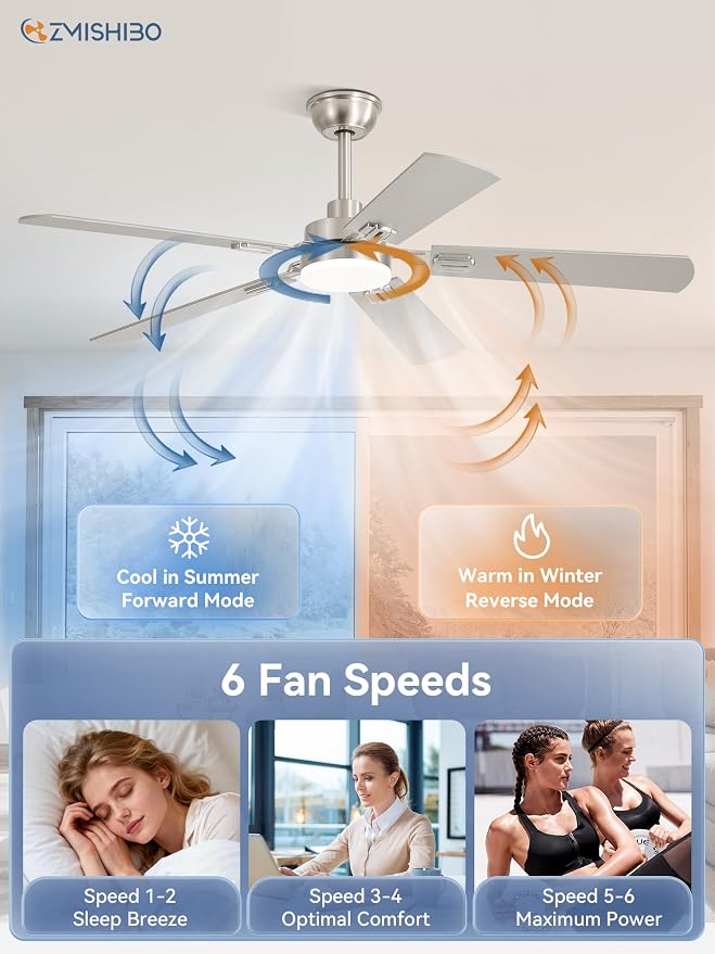 ZMISHIBO 52" Ceiling Fans with Lights and Remote, Nickel Modern for Indoor | 24W 2400LM Bright LED, 3CCT, Dimmable, App Control, Farmhouse Dual Finish Blades, Quiet&Strong Motor for Bedroom, Living Room