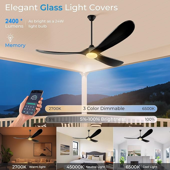 Outdoor Ceiling Fans with Lights-Glass Lamp, 52 inch Damp Rated Wood Propeller Blades for Patios & Porch, Smart APP and Remote Control, 3 Blades Dimmable LED Ceiling Fans, High CFM 6 Speed-Black