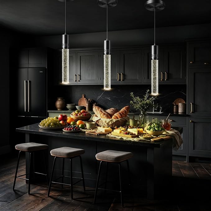 Black Pendant Lights Kitchen Island, Crystal Bubble Pendant Lights, Adjustable Modern Pendant Light Fixtures for Dining Living Room Bedroom 3 Pack