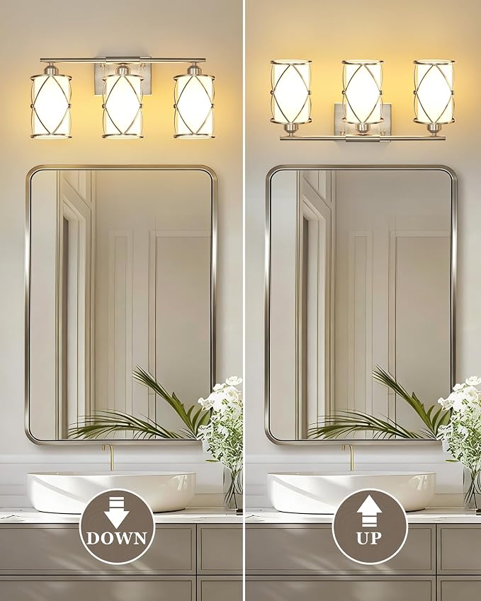 3-Light Brushed Nickel Bathroom Light Fixtures with Milk Frosted Glass, 21" Modern Bathroom Vanity Lighting Fixtures Over Mirror with Metal Cage, Wall Sconce Lights for Bath, E26, CH9176BNW-3W