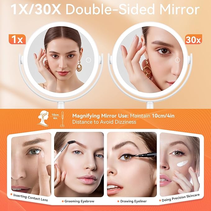Auxmir Makeup Mirror with Lights, Double Sided 30X/1X Magnifying Mirror with Light, 3 Color Stepless Dimmable with Touch Screen, Rechargeable 360° Free Standing Vanity Mirrors for Bathroom, Bedroom