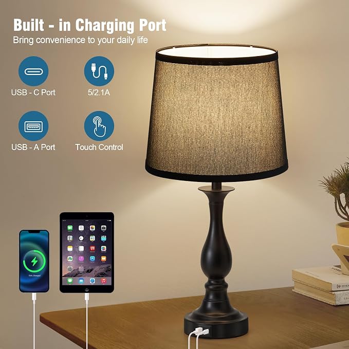 Bedside Table Lamp Touch Control Bedroom Lamps with USB A + C Charging Port 3 Way Dimmable Touch Lamps for Nightstand Living Room Bedroom Dorm Home Office Reading, Set of 2 (Black Shade & Black Base)