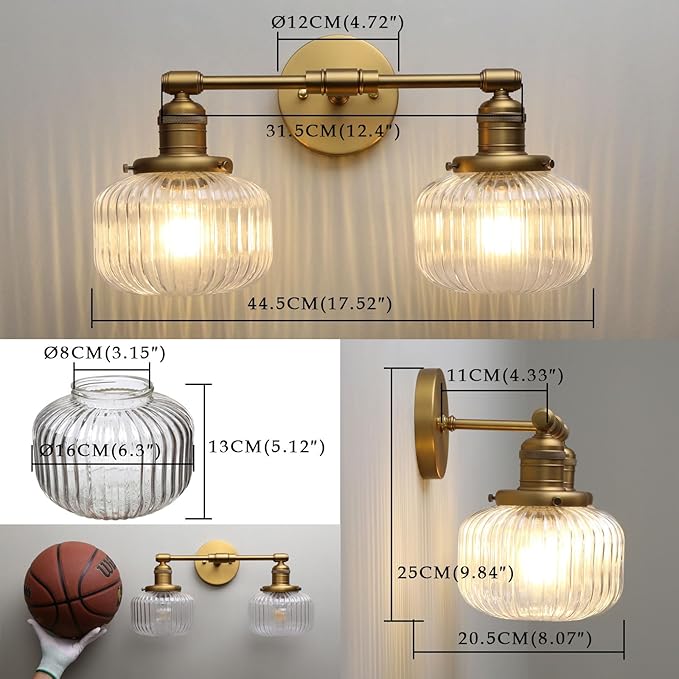Phansthy Vintage Hardwired Sconces Wall Lighting, Bathroom Vanity Light Fixtures Antique Brass, Modern Wall Light with Clear Striped Glass Shade for Bedroom Fireplace Hallway (Antique Gold, Two-Light)