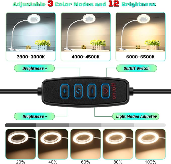 10X Magnifying Glass with Light, Clip on Mganifier with Light, 48 LED Desk Magnifying Glass wtih Clamp, 3 Modes Dimmable Magnifying LED Lamps for Bed Work Crafts DIY Repair White