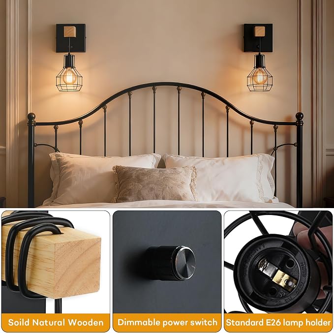 Lightess Farmhouse Wall Light with Switch Hardwired Dimmable Wall Sconce | Metal Black Cage Shade Delivers Wide Light Handy Dimmer Switch, Rustic Wall Lamp Perfect For Kitchen Living Room Indoor Decor