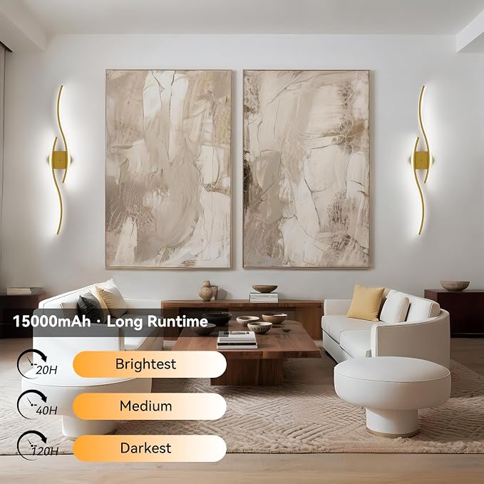 hunhun Battery Operated Wall Sconces Set of Two, Wireless Wall Sconce with Remote Control, Gold Rechargeable Sconces 3000K-6500K, RGB Dimmable Wall Lights for Living Room, Hallway, Bedroom