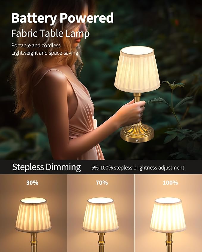 KDG Gold Cordless Table Lamps Set of 2, Beige Fabric Shade Small Desk Lamp | Portables 4000mAh Battery Powered, LED Lighting, 2700K Stepless Dimmable, Light for Living Room, Dining Room, Bedroom