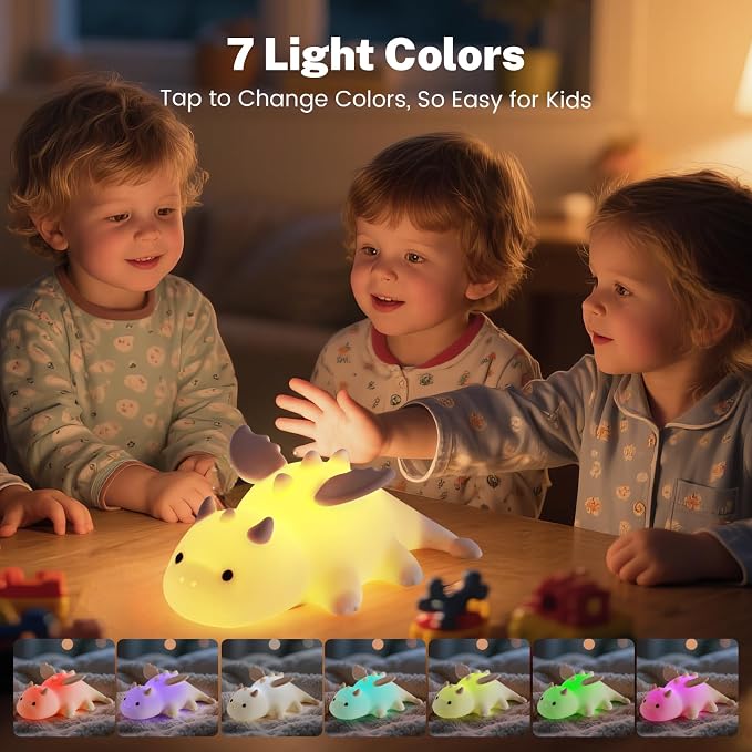 AVEKI Cream Dragon Night Light, Cute Baby Dragon Lamp Gifts for Kids, 10 Modes Adjustable Soft Silicone Baby Night Light for Nursery, Rechargeable Bedside Touch Lamp for Kids Room Bedroom