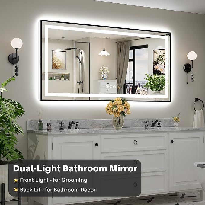 72x36 Inch LED Bathroom Mirror with Black Frame, Backlit & Front Lit | Anti-fog, 3 Color Dimmable, Memory Function, HD Reflection Tempered Glass, ETL Listed, IP54 Waterproof