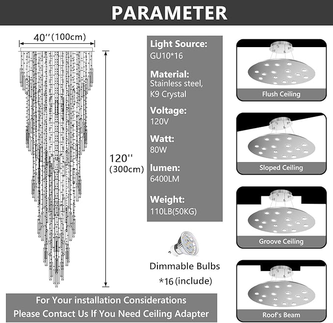 D40'' x H120'' Crystal Chandelier High Ceiling Chandeliers for Entryway Large Raindrop Chandeliers LED Dimmable Flush Mount Light Fixtures for Staircaes Foyer Hallway Living Room Bulbs Included Silver