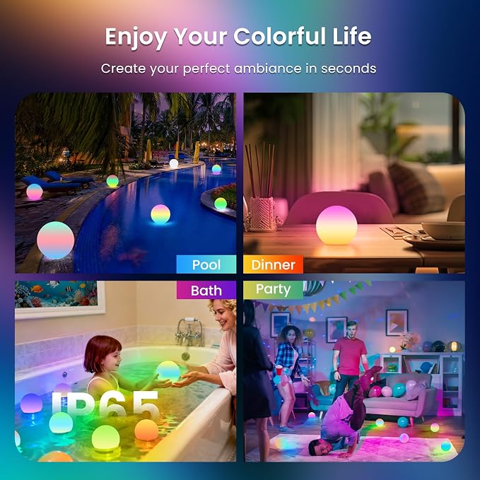 LOFTEK 3-inch Smart Sphere Night Light, Rechargeable LED Ball Lights, 16 RGB Color Change Mood Lighting, Waterproof Ambient Light for Home Bedroom Patio Pool Bathtub Decorative Lighting, 2 Pack