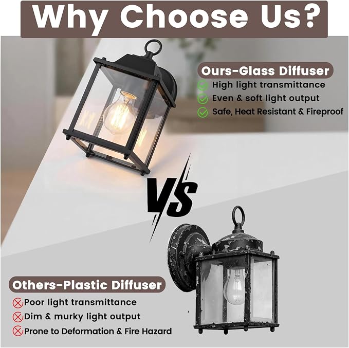 Outdoor Light Fixture, Classic Die-Cast Aluminum & Tempered Glass Porch Light for House, E26 Base (60W Max) Waterproof Wall Lantern for Front Door Garage Garden, ETL Qualified, Black, 1 Pack