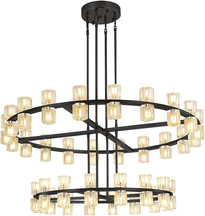 D32''+D40'' Large Black Wagon Wheel Chandelier 72-Lights Black Round Chandeliers Glass Chandeliers for Dining Room,Living Room Vintage Chandelier