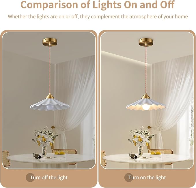 Ceramic Pendant Light, Vintage Pendant Light Fixture with Pleated Ceramic Lmapshade, White Porcelain Pendant Light, Hanging Light for Hallway Kitchen Island Dining Room, 11.8in