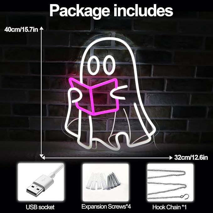 Ghost Reading Book Neon Sign | LED Neon Light, Hanging Design, For Bedroom Home Library Reading Room, Kids Room Store Decor