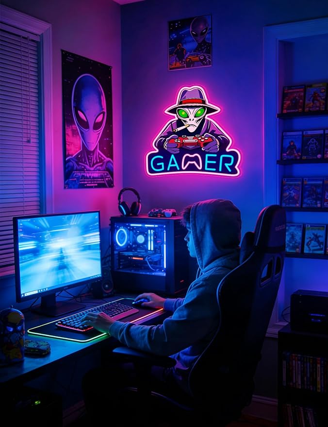 Alien Neon Signs for Gamer Room Wall Decor, Gamer Neon LED Signs Light for Man Cave, UV Printed Gaming LED Light for Bar Party Birthday Christmas Gift (Alien Gamer)