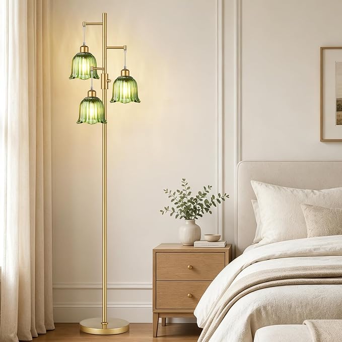 Dimmable Flower Floor Lamp, 3 x 900LM LED Bulbs Included, Modern | 70" Gold Tree Standing Lamp, 3 Lights Elegant Green Glass Flower Shade, Vintage Floor Lamps for Living Room, Bedroom, Office
