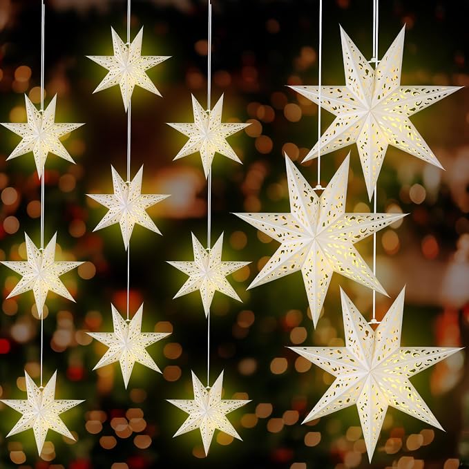12 Pcs 14in Paper Star Lantern with 7 Pointed LED Lights for Xmas, Wedding, Holiday, Birthday Party Celebration(White)