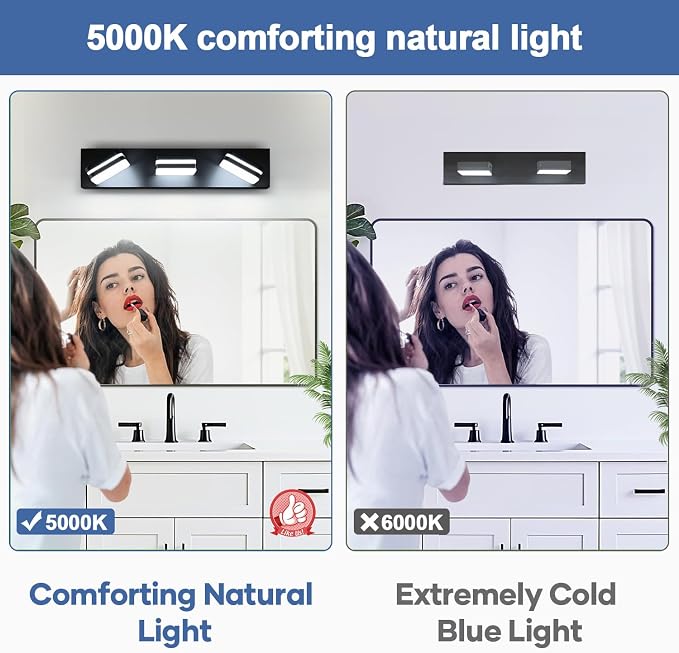 Torondo 360° Rotate LED Bathroom Vanity Light Fixtures, Acrylic Vanity Lights for Bathroom, Modern Wall Lighting Fixtures Over Mirror Living, Matte Black, Natural White, 3-Light, 23.6-Inch