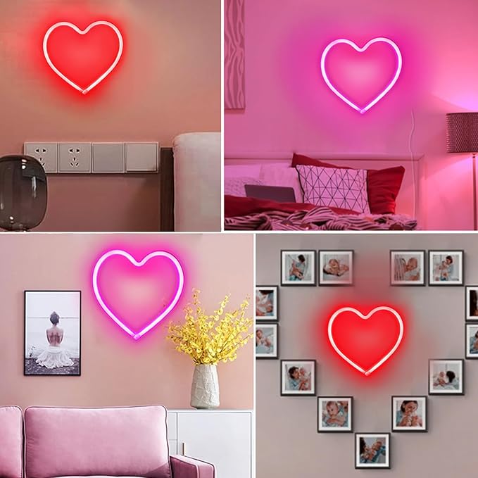2-Pack Heart Neon Sign, Neon Heart Lights Battery Operated or USB Powered for Valentines Day Decorations, Valentines Lights for Wedding Proposal Anniversary Mothers Day Girls’ Room Decor (Pink & Red)