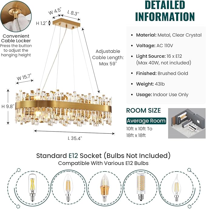 Siljoy Modern Crystal Chandelier 16-Light Luxury Gold Rectangle K9 Crystal Raindrop Chandelier Dimmable Oval Crystal Ceiling Light for Dining Room Living Room Foyer Entryway L35.4''