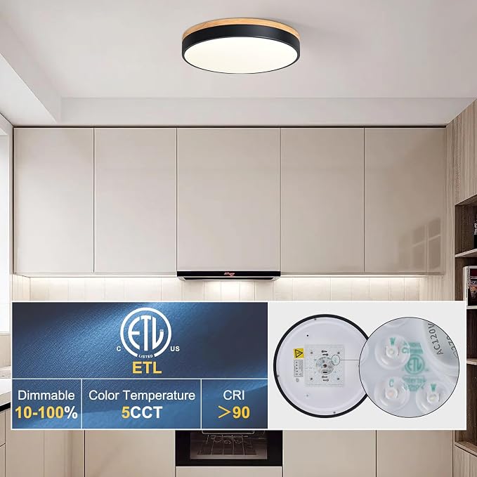 Yiisem Dimmable Wood LED Flush Mount Ceiling Light, Black, 15.8 in | 5CCT 2700K-6000K Modern Close to Ceiling Lighting Fixtures, Round Ceiling Lamp for Living Room, Bedroom, Laundry Room