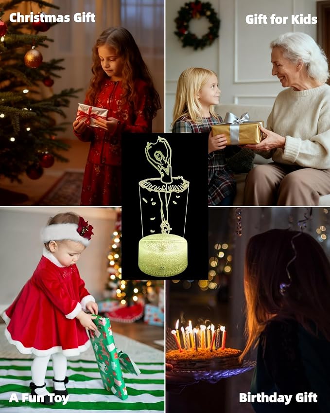Ballet Dance Gift 3D Illusion LED Night Light, Ballerina Style | 16 Colors Changing, Dimmable, Touch & Remote Control, Girl Bedroom Room Décor, Christmas Birthday Toy Lamp for Kid Teen Women