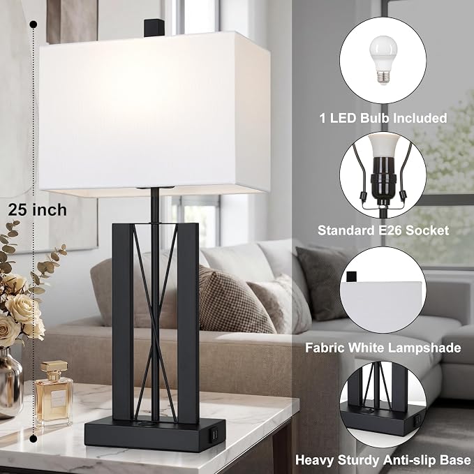 Lolikit 25" Modern Table Lamp for Living Room,Bedside Lamp for Bedroom | 2 USB Charging Ports,White and Black,Geometric Industrial Contemporary,LED Bulbs Shade Included,Bedrooms,Nightstand,End Table